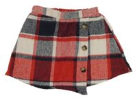 Béžovo-tmavomodro-červená kostkovaná sukně s knoflíky Shein