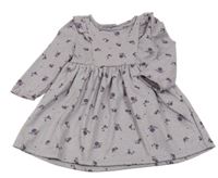 Fialovo-bílé vzorované šaty s květinami a volánky