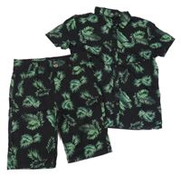 2set - Černá košile s listy + plátěné slim chino kraťasy Primark