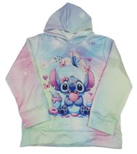 Světlemodro-růžovo-světlezelená mikina se Stitchem a kapucí