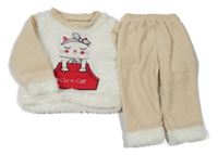 2set - Béžovo-smetanová fleecovo/chlupatá mikina s kočkou + tepláky