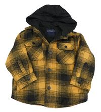 Žluto-černá kostkovaná zateplená košilová bunda s teplákovou kapucí zn. Next