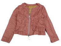 Starorůžová koženková bunda s korálky a volánky 