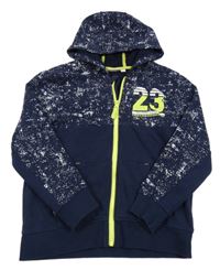 Tmavomodrá vzorovaná propínací mikina s číslem a kapucí kids