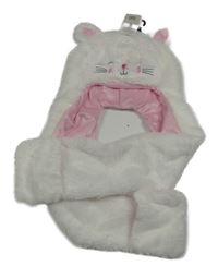 Nové - bílá chlupatá podšitá čepice s šálou - kočka Peacocks