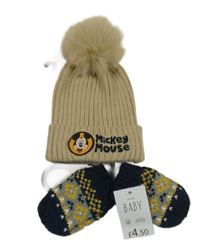 Nové - 2 set - béžová pletená čepice s Mickeym + tmavomodro-šedé vzorované rukavice 