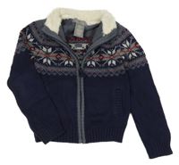 Tmavomodro-modrý vzorovaný propínací svetr 