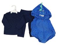 3set - Kostým - modré fleecové body s kapucí - dino - tmavomodré triko + legíny Carter's