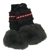 Nové - Černo-červeno-bílé bezprstové rukavice s kožešinou a pruhy 