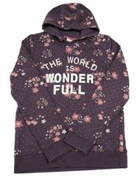 Fialová květovaná mikina s nápisem a kapucí Kids
