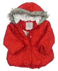 Červená puntíkovaná šusťáková zimní bunda s kapucí Mothercare