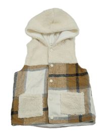 Smetanovo-hnědo-černá kostkovaná huňato/flaušová vesta s kapucí zn. Shein