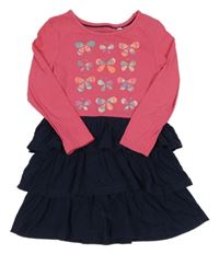 Růžovo-tmavomodré bavlněné šaty s motýlky Bluezoo