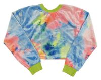 Růžovo-modro-žlutá plyšová crop mikina