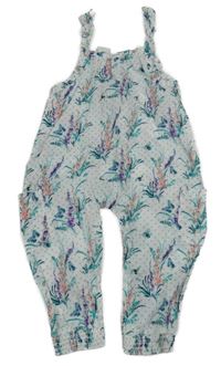 Bílý lehký kalhotový overal s květinami a včelami