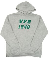 Světlešedá melírovaná mikina se zeleným nápisem a kapucí Fruit of the Loom