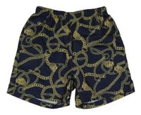 Tmavomodro-zlaté vzorované tenké kraťasy 