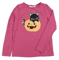 Tmavorůžové triko s dýní a kočkou H&M