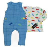 Nové  - 2set  - Modrý kostkovaný overal + triko s dinosaury Dunnes stores