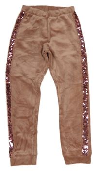 Starorůžové sametové tepláky s pruhem z flitrů 