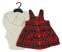 Nové - 3set - Červeno-černé kostkované šaty + body + punčocháče F&F