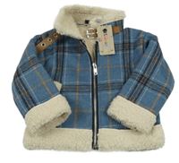 Nové - Modro-oranžová kostkovaná zateplená bunda s přezkou 