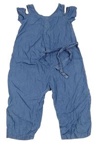 Světlemodrý lehký riflový kalhotový culottes overal s průstřihy a páskem Benetton 