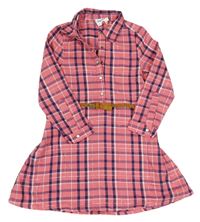 Růžovo-tmavomodro-bílé kostkované šaty s páskem Topolino
