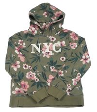 Khaki mikina s květy a kapucí H&M