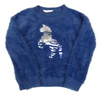 Tmavomodrý chlupatý svetr s jednorožcem z flitrů M&S