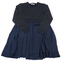 Tmavomodré třpytivé svetrovo/plisované šaty Losan 