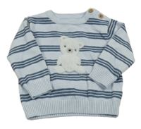 Světlemodro-modrý pruhovaný svetr s medvídkem Nutmeg