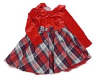 Červeno-kostkované sametovo/šusťákové šaty s mašlí Dunnes