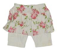 Bílá plátěná vrstvená sukně s květy a všitými kraťasy 