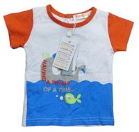 Bílo-modro-tmavooranžové tričko s velrybou Baby bol