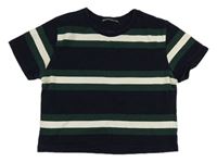 Tmavomodro/zeleno-smetanové pruhované crop tričko BRANDY MELVILLE