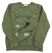 Khaki mikina s dinosaurem a metalickým nápisem H&M