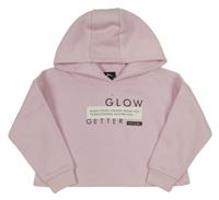 Světlerůžová crop mikina s nápisy a kapucí