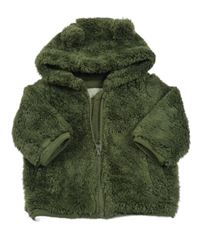 Khaki chlupatá podšitá bunda s kapucí s oušky Tu