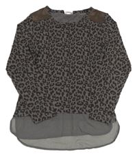 Tmavošedo/hnědé vzorované melírované úpletové mikinotriko se šifonovým voláunkem YIGGA