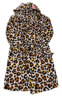 Světlerůžovo-černo-hnědo-tmavožlutý vzorovaný plyšový župan s kapucí HEMA