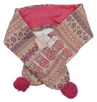 Nové - smetanovo-rtmavorůžovo-šedá vzorovaná vlněná podšitá šála se sovičkami a bambulemi Monsoon