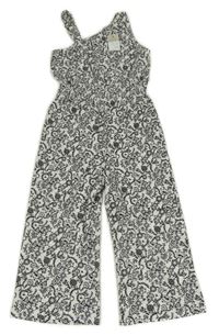 Nové - bílo-černý vzorovaný kytičkovaný kalhotový culottes overal PRIMARK