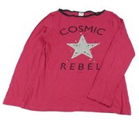 Malinovo-černé triko s hvězdou a kamínky a pecičkami a nápisy S. Oliver