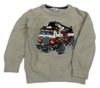 Béžový melírovaný svetr s hasiči s překlápěcími flitry C&A