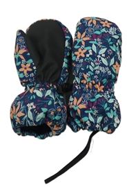 Tmavomodré šusťákové zateplené palcové rukavice s kytičkami lupilu