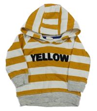 Medovo-bílo-šedá pruhovaná mikina s nápisem a kapucí HEMA