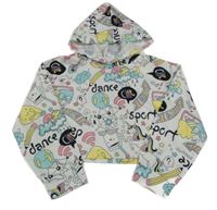 Smetanová crop mikina s obrázky a kapucí