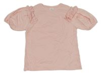 Světlerůžové tričko s kanýrky s perlami ZARA