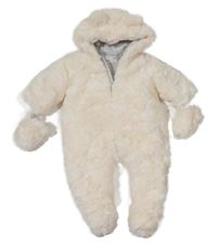 Smetanová kožešinová zateplená kombinéza s kapucí s oušky + rukavice Mothercare